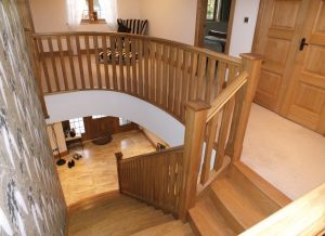 oak stop chamfered staircase, curved treads and landing