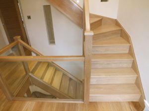hardwood glass staircase, with kite winders, wood flooring