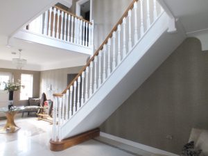 white spindles, curtail step, volute handrail