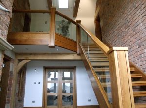oak open plan glass staircase, oak doors